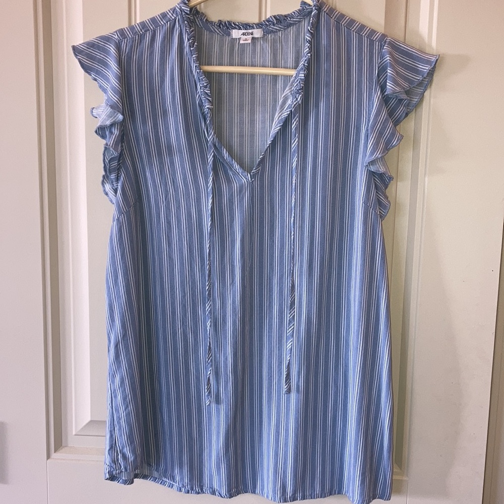 Ardene Womens Sz L Blue&White Striped Blouse Top V-Neck Ties Ruffle Cap Sleeves
